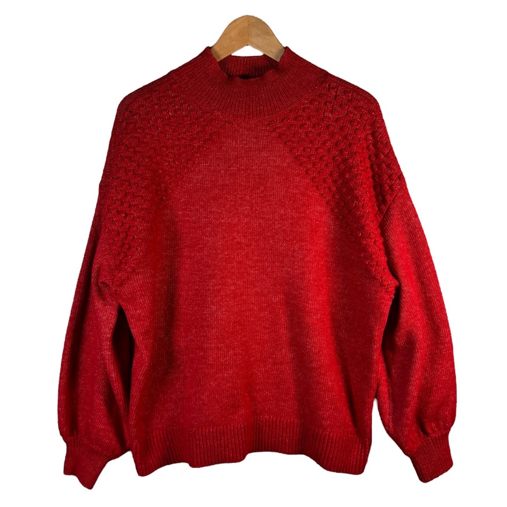 Nine West Women Plus 0X Red Mock‎ Neck Textured Balloon Sleeve Sweater